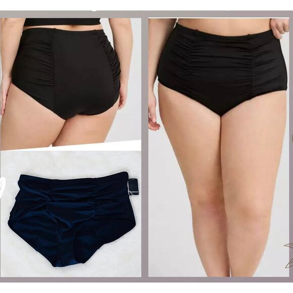 Torrid Plus Size 3 Black High Waist Ruched Full Coverage Swim Briefs Bottoms New - Picture 1 of 4